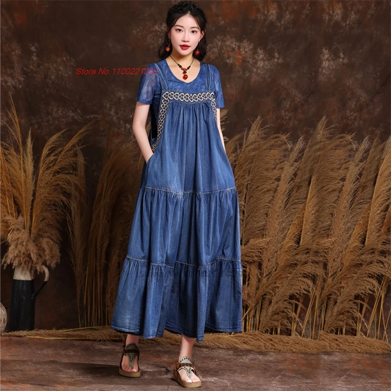 2024 traditional chinese vintage dress national flower embroidery sundress improved denim dress oriental sleeveless a-line dress