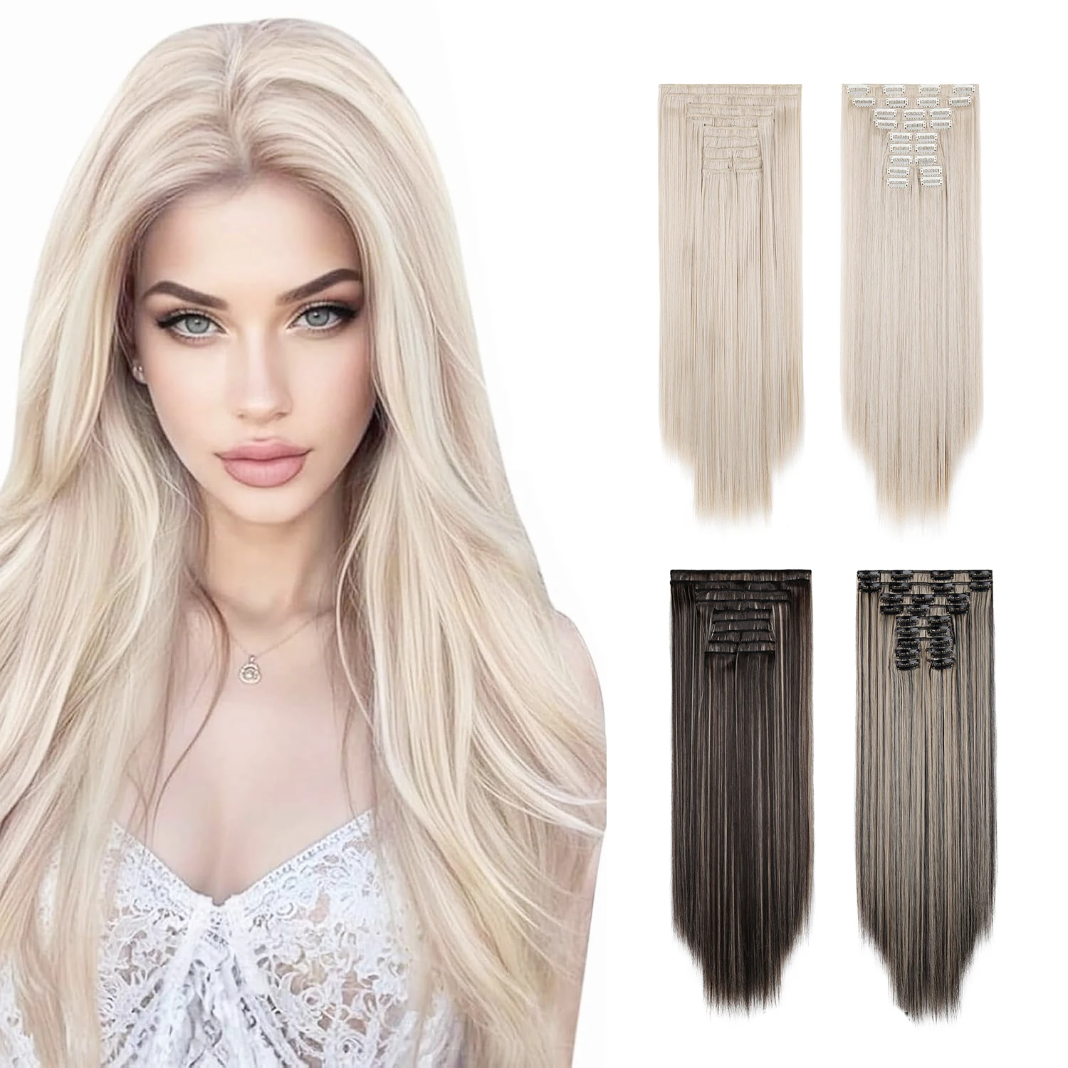 11Pcs Clip In Hair Extensions 24 Inch Long Straight Synthetic Hairpieces For Women Full Head Daily Use Easy & Fast Wear