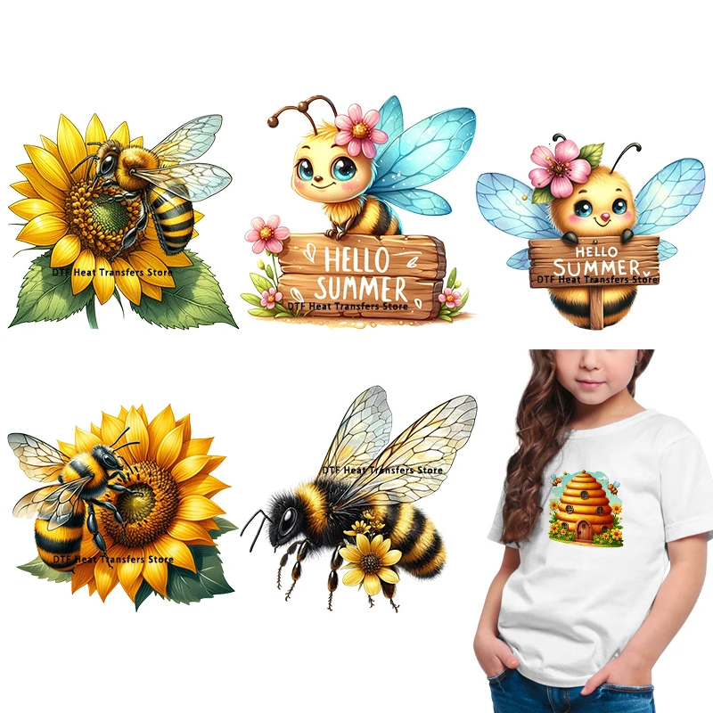 Summer watercolor bee patterns Iron On Transfer Vinyl Heat Transfer Thermal Stickers On Children\'s clothing Kids Appliques