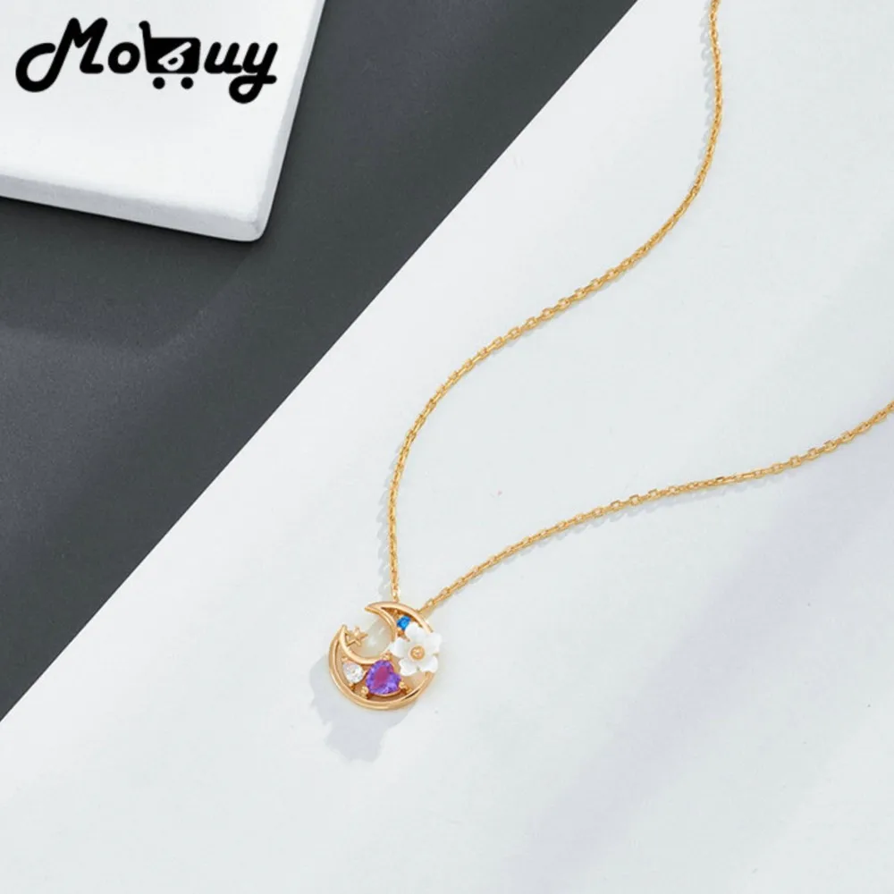 

MOBUY Natural Blue Topaz Amethyst Shell Moon star charm Pendant Necklace For Women 925 Sterling Silver Gold Plated Fine Jewelry