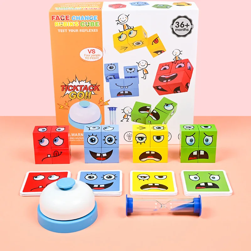 Wooden Face Changing Cube Toys Building Blocks for Cartoon Puzzle Montessori Jigsaw Kids Toy Educational Board Game Family Toys