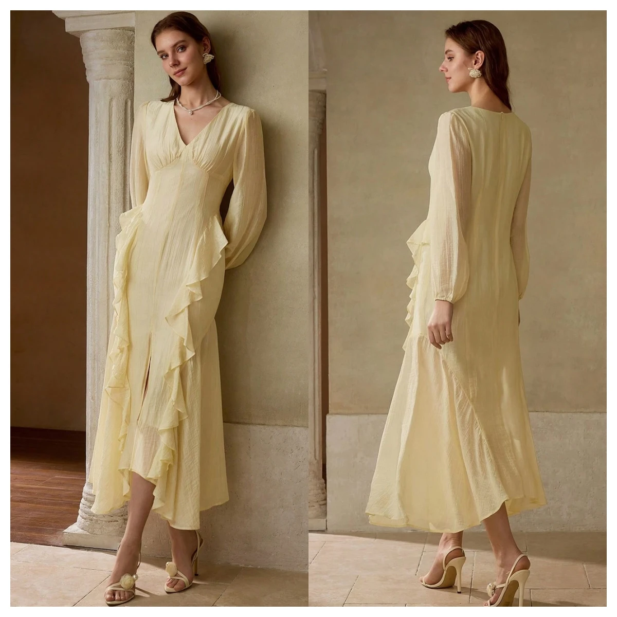 カスタマイズされたモダンなイエローシフォンイブニングドレス V ネック長袖オーダーメイドオケージョンドレスホームカミングドレス高品質ソフト