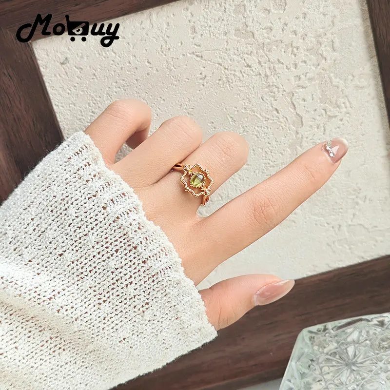 

MOBUY Natural Olivine Gemstone Ring Sets For Women vintage Court Style luxury 925 Sterling Silver Gold Plated Fine Jewelry Gift