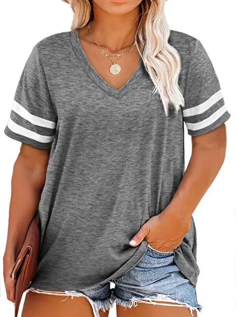 Damska koszulka Plus Size 1XL-8XL Casual V-neck Short Sleeved Solid Color Loose T-shirt Sports Outdoor Top Odzież damska