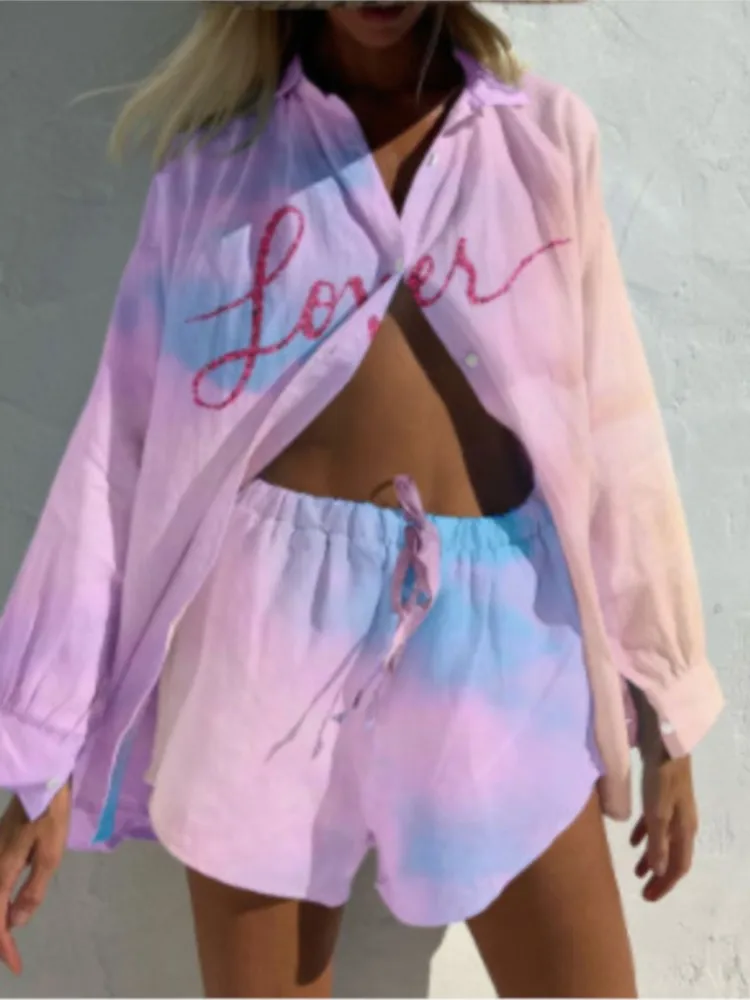 2-delige sets damesshirt met lange mouwen en shorts met wijde pijpen, shirt met modeprint, shorts voor dames, zomerse damesoutfits,