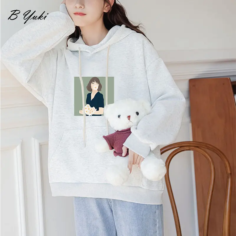 Blessyuki Herfst Elegante Losse Katoenen Sweatshirt Vrouwen Warm Gedrukt Lange Mouwen Truien Vrouwelijke Casual Fleece All-Match Hoodies