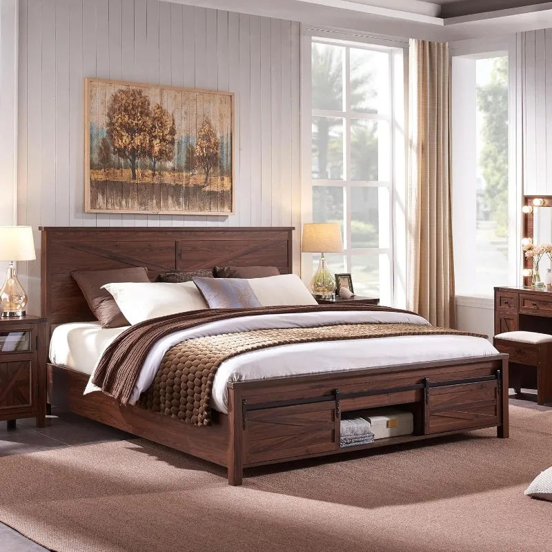 

Farmhouse Wood Bed Frame Queen Size with Sliding Barn Door Storage Cabinets and Headboard, Solid Wood Slats Support