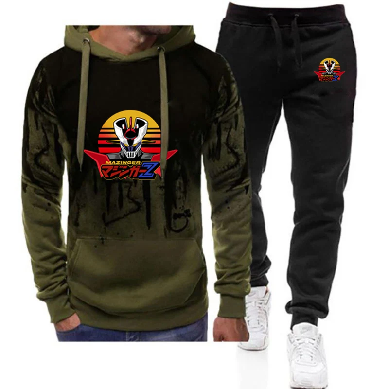 

2025 Mazinger Z Anime Printing Men's New Harajuku Gradient Color Sets Hooded Sweatshirts+Pants Two Piece Suit Casual