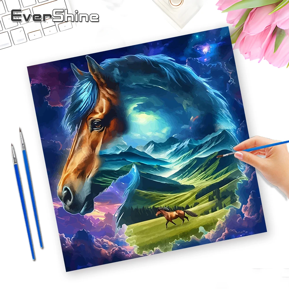 Evershine - Juego de Pintura por Números, Paisaje, Pintura al Óleo, Kit de Pintura de Caballos para Adultos, Coloración de Montañas, Pintado a Mano, Regalo DIY