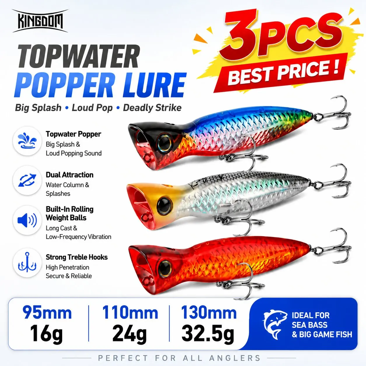 Kingdom Lot de 3 leurres artificiels de surface pour gros poissons, types Popper et Wobbler, 95mm 16g, 110mm 24g, 130mm 32.5g, pour eau salée