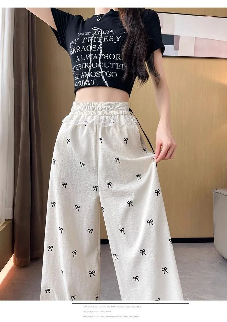 Süße und würzige Mädchenhose mit Spitzenbesatz, lässige Hose mit Schmetterlings-Schleife, lockere Damen-Hose mit weitem Bein, gerade geschnittene Hose – Detail 12