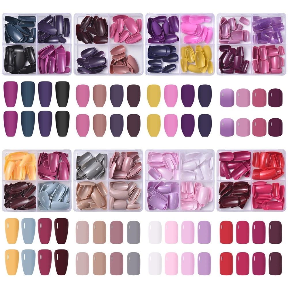96pcs/Box Matte Coffin Press on Nail Full Cover False Nails Mixed Size Solid Color Extension Oval Capsule Almond DIY Accessories