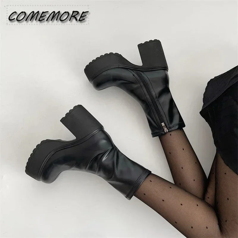 Platform Thick Heel Women Short Boots Fashion Side Zippers Ankle Booties Night Club Autumn Winter Female Casual Shoes Goth Black