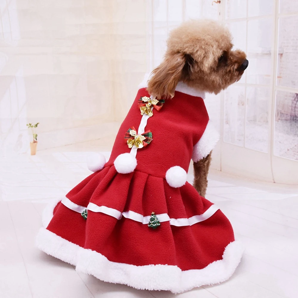 Dog Christmas Dress Pet Autumn Winter Warm Fleece Skirt Small Dog Snowflake Santa Claus Plush Thickened New Year Red Dress