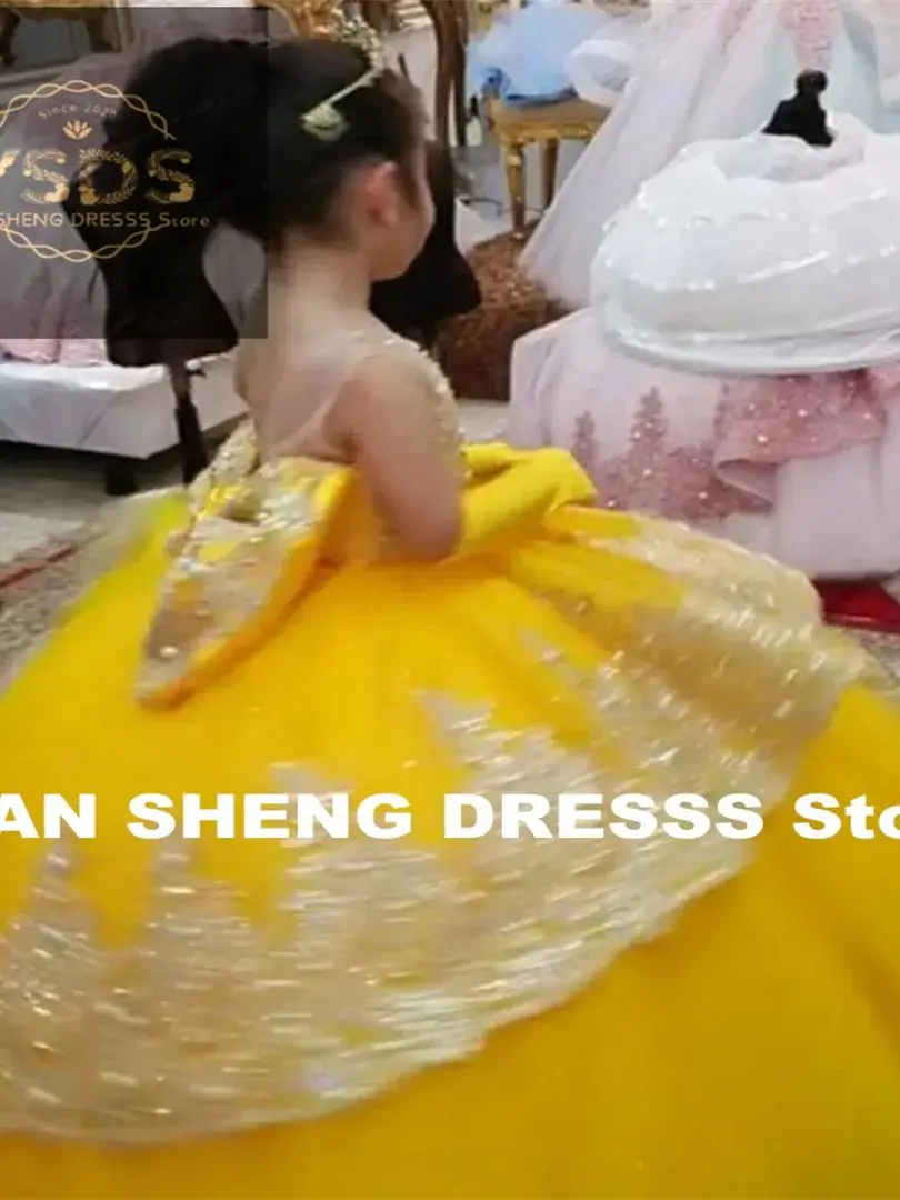 Gold Girls Princess Dress 2025 Tulle Tiered Flower Girl Dress Toddlers Beaded Lace Pageant Dress Customized Birthday Party Gowns