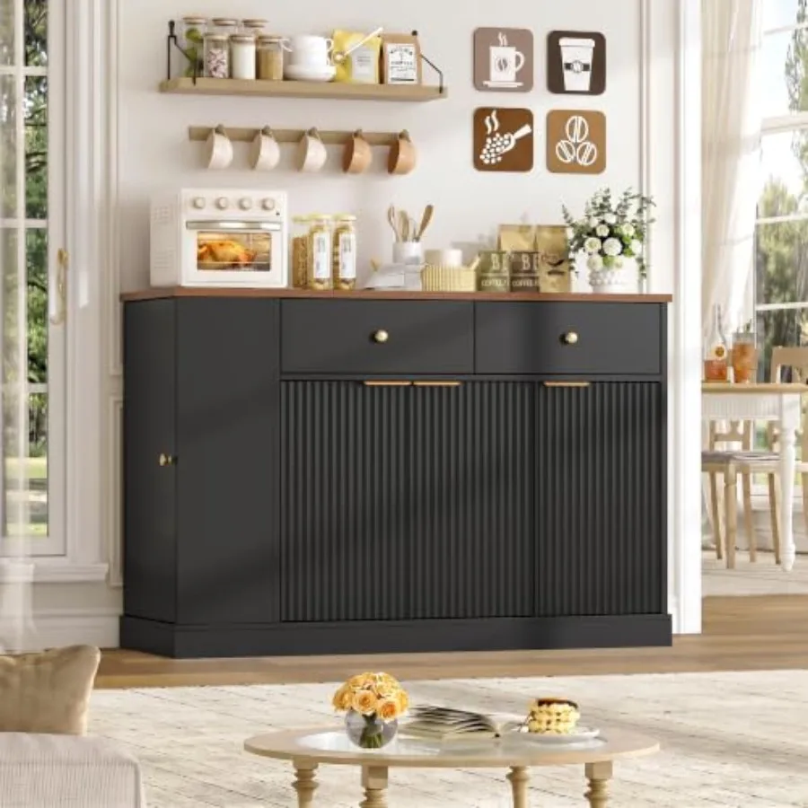 Fluted Sideboard Buffet Cabinet with Storage for dining room, MDF wood, matte white, sleek vertical groove design and ample con