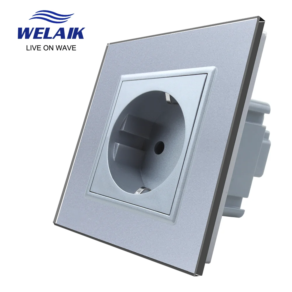 WELAIK EU 16A European Standard 80*80mm Russia Germany Spain Gray Glass Panel Baby Safety Wall Power Socket Outlet 220V A18ES