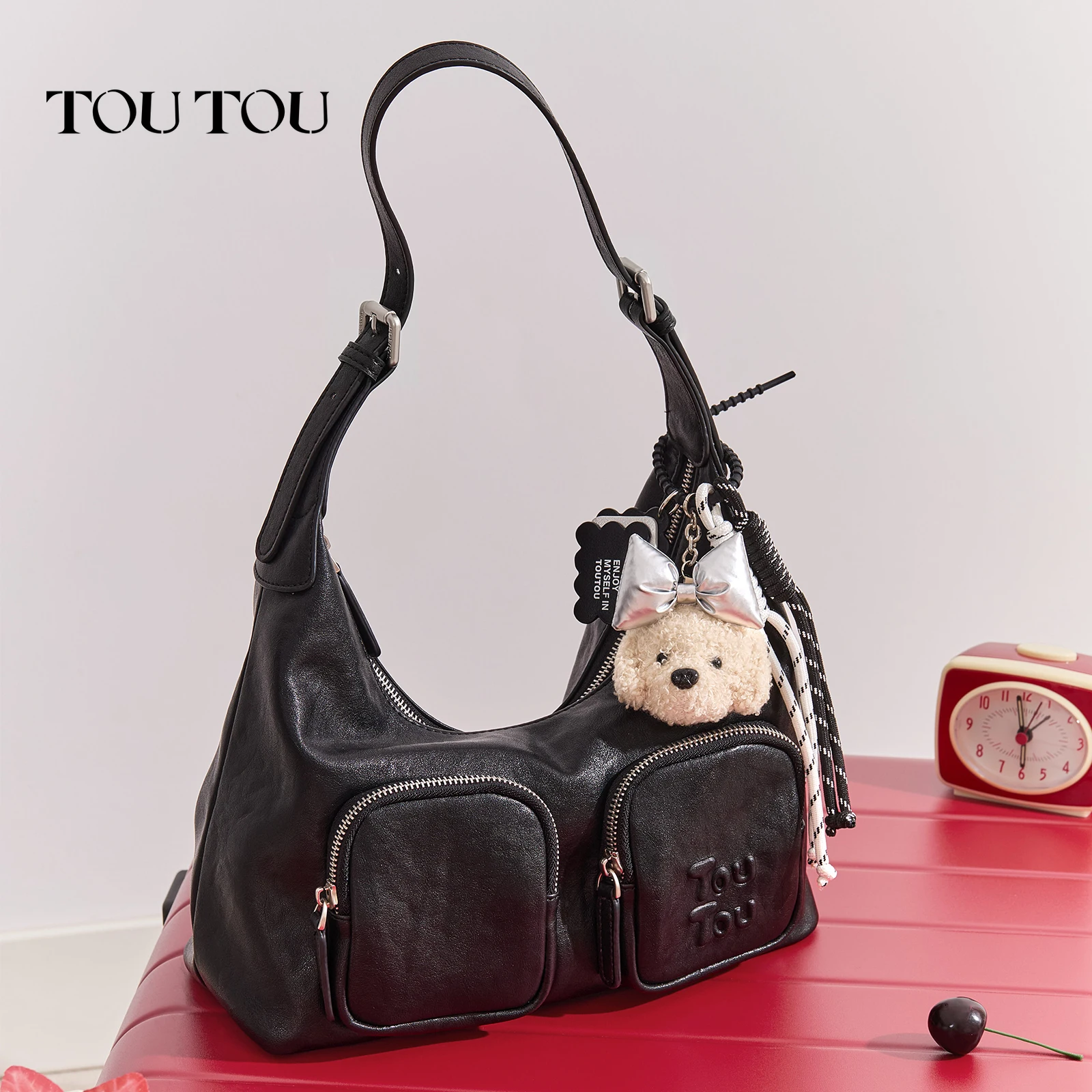 

TOUTOU Women Underarm Bag Black Cute Dog Charm Multi-pockets Outside Practical Original Designer Brand Shoulder Messengr Bag