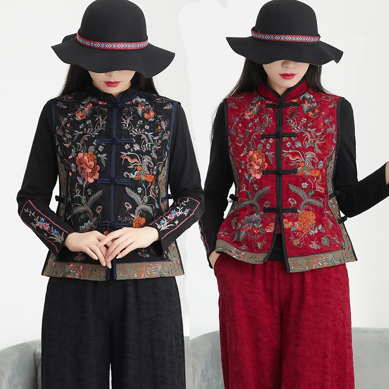 New Chinese Vintage Vest National Flower Embroidery Cotton Linen Vest Traditional Hanfu Tops Ethnic Waistcoat Oriental Tang Suit