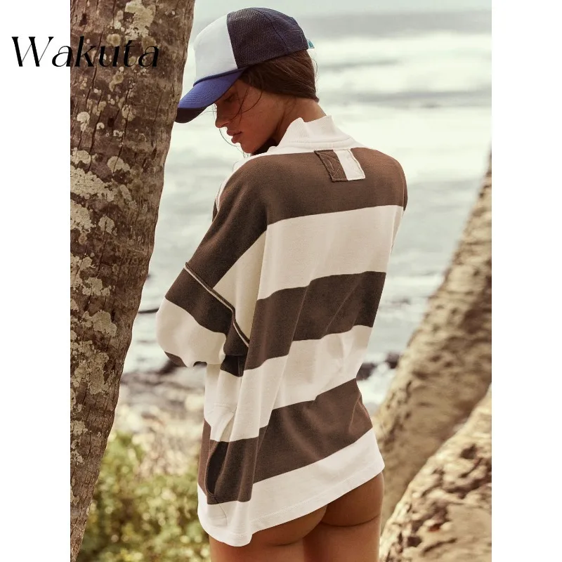 WAKUTA Temperament V-neck Flare Sleeve Striped Half-zipper Sweater Spring/autumn Color Collision Jersey Loose Chic Sportswear