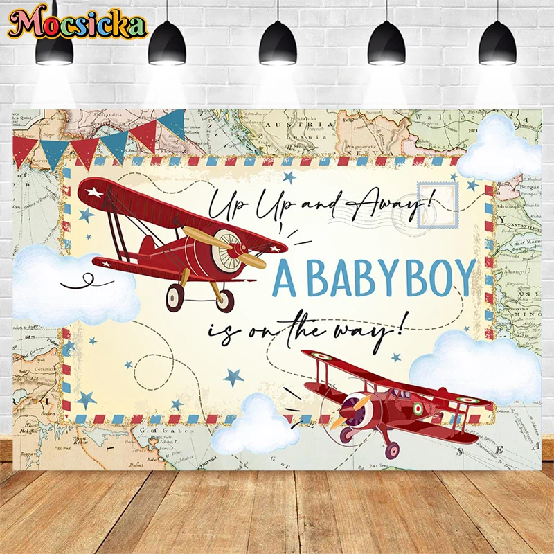 Mocsicka Adventure Awaits Baby Shower Backdrop Airplane World Map Newborn 1st Birthday Party Photography Background Studio Decor