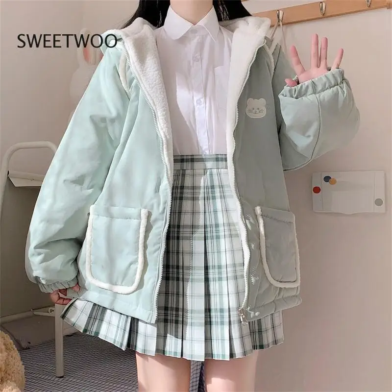 

Japanese Sweet Loli Girl Coat Kawaii Hooded Bear Ear Cute Double-Sided Zipper Full Sleeve Lambswool Keep Warm Thicken Outerweat