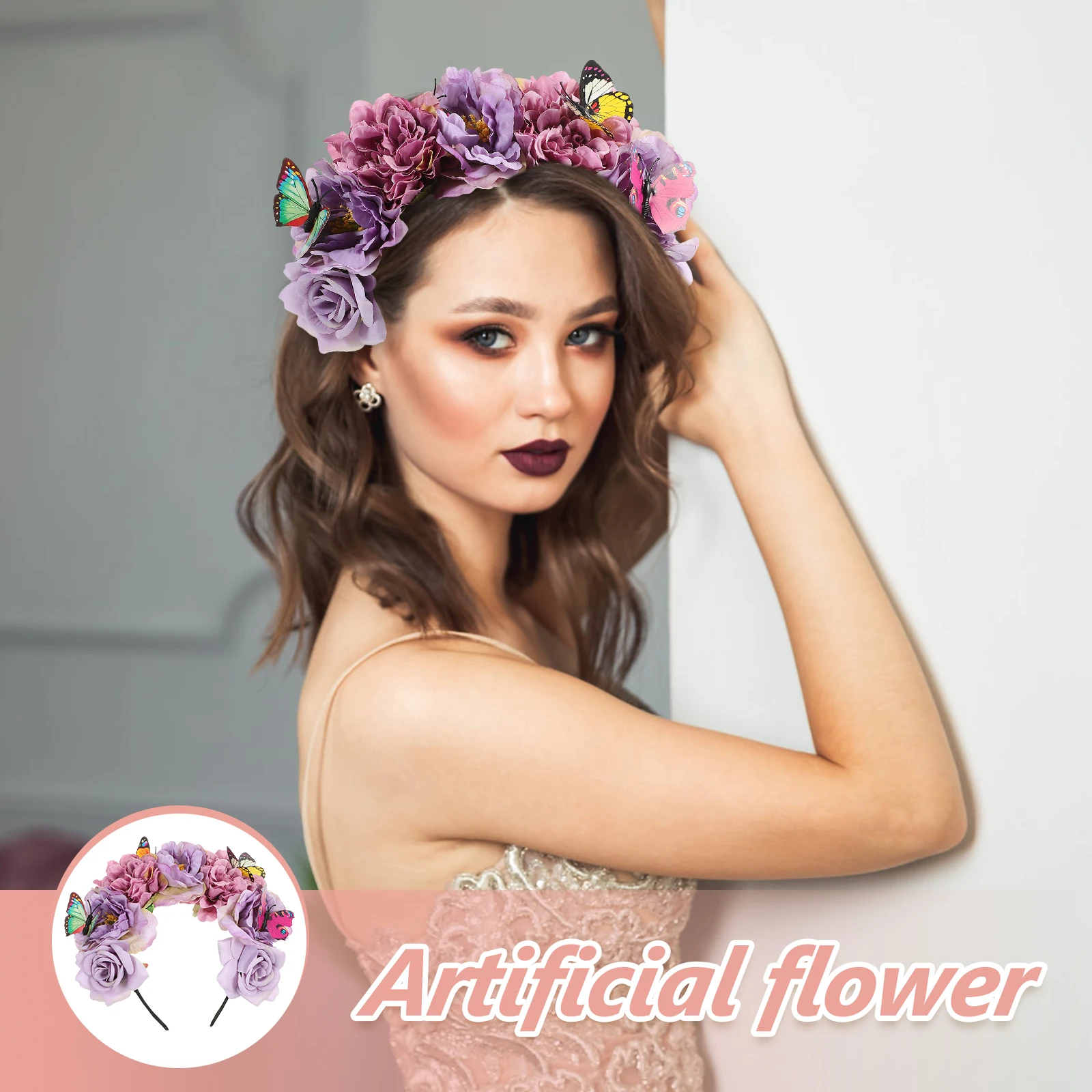 

Повязка на голову с бабочкой и цветочным принтом в богемном стиле, аксессуар для волос с имитацией цветов, головной убор с бабочкой для Хэллоуина, косплея, вечеринки