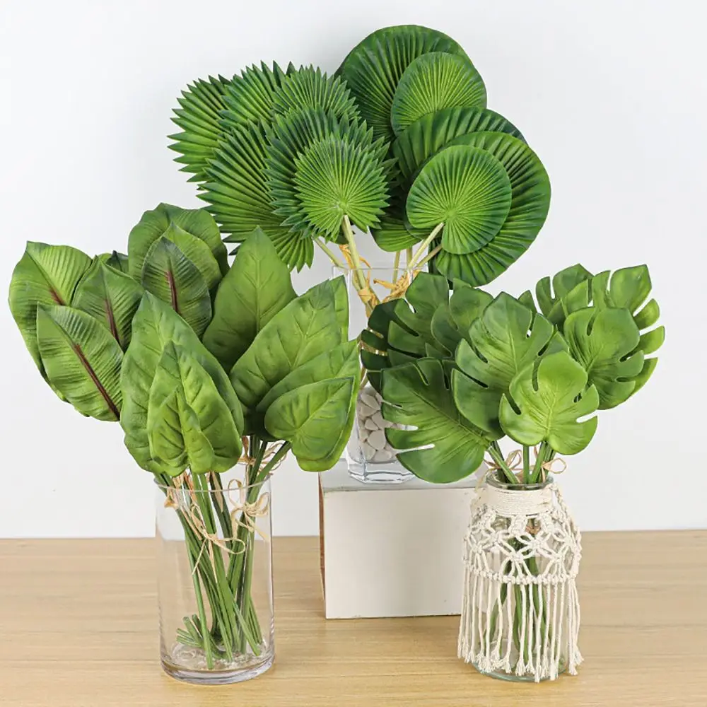 3 Piezas de Hojas de Palma Artificiales Verdes, Accesorios de PU, Hojas Verdes Decorativas, Hojas de Ave Celestial, Hojas de Castaña de Agua, Planta Artificial