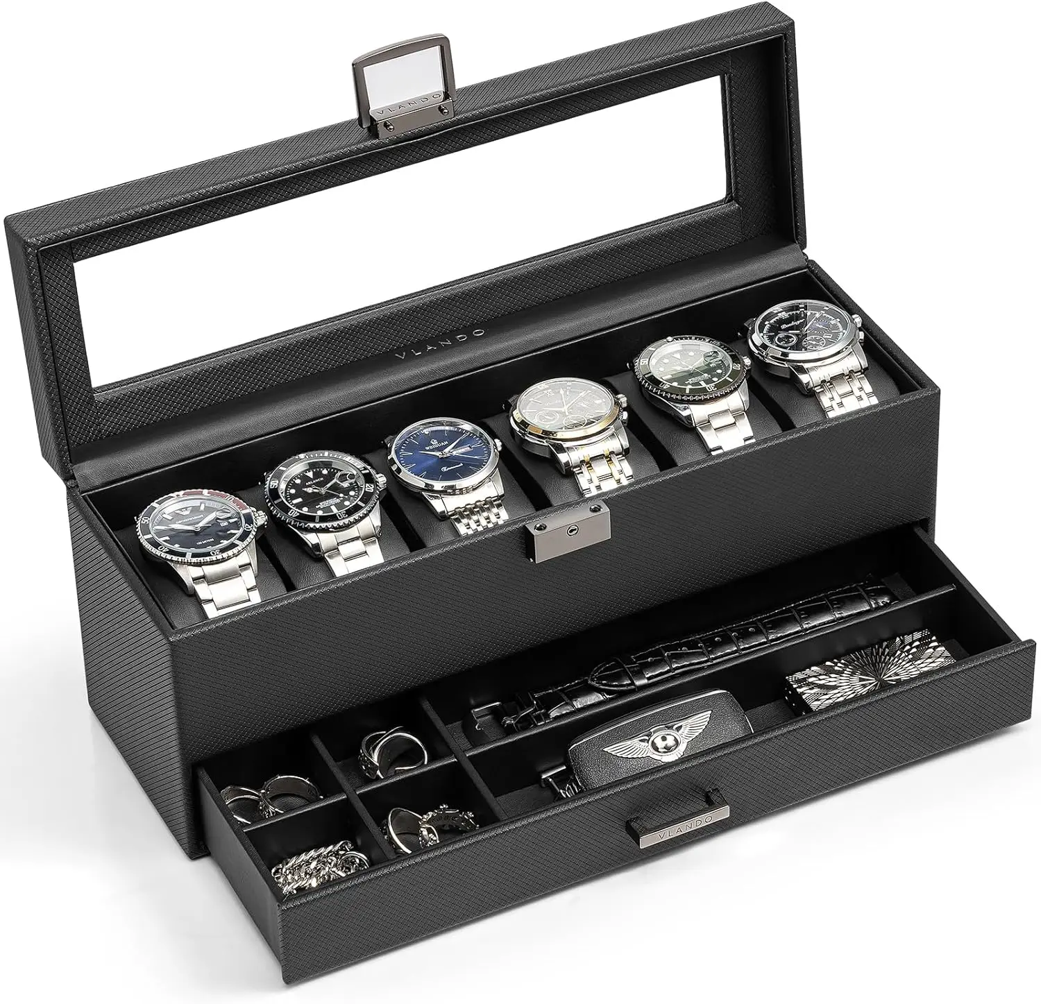 

6-слотовый 2-слойный футляр для часов для мужчин, кожаный органайзер со стеклянной крышкой, мягкая подушка, подарок для папы, черный