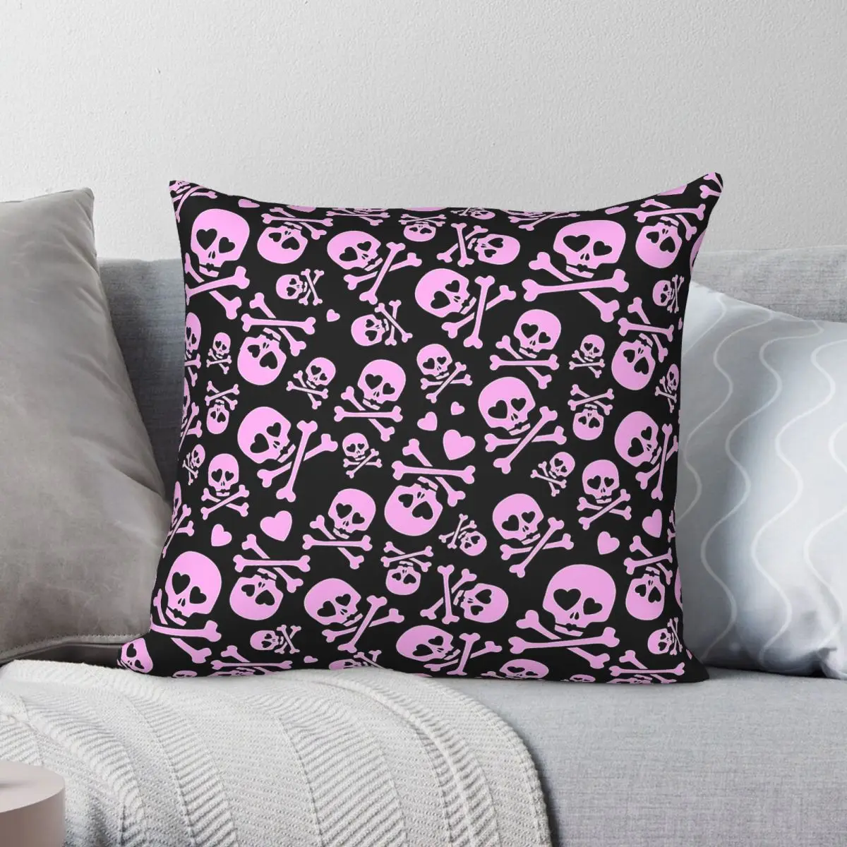 Rosa Totenkopf-Pastell-Gothic-Quadrat-Kissenbezug aus Polyester, Leinen, Samt, bedruckt, mit Reißverschluss, Deko-Kissenbezug, Raumkissenbezug