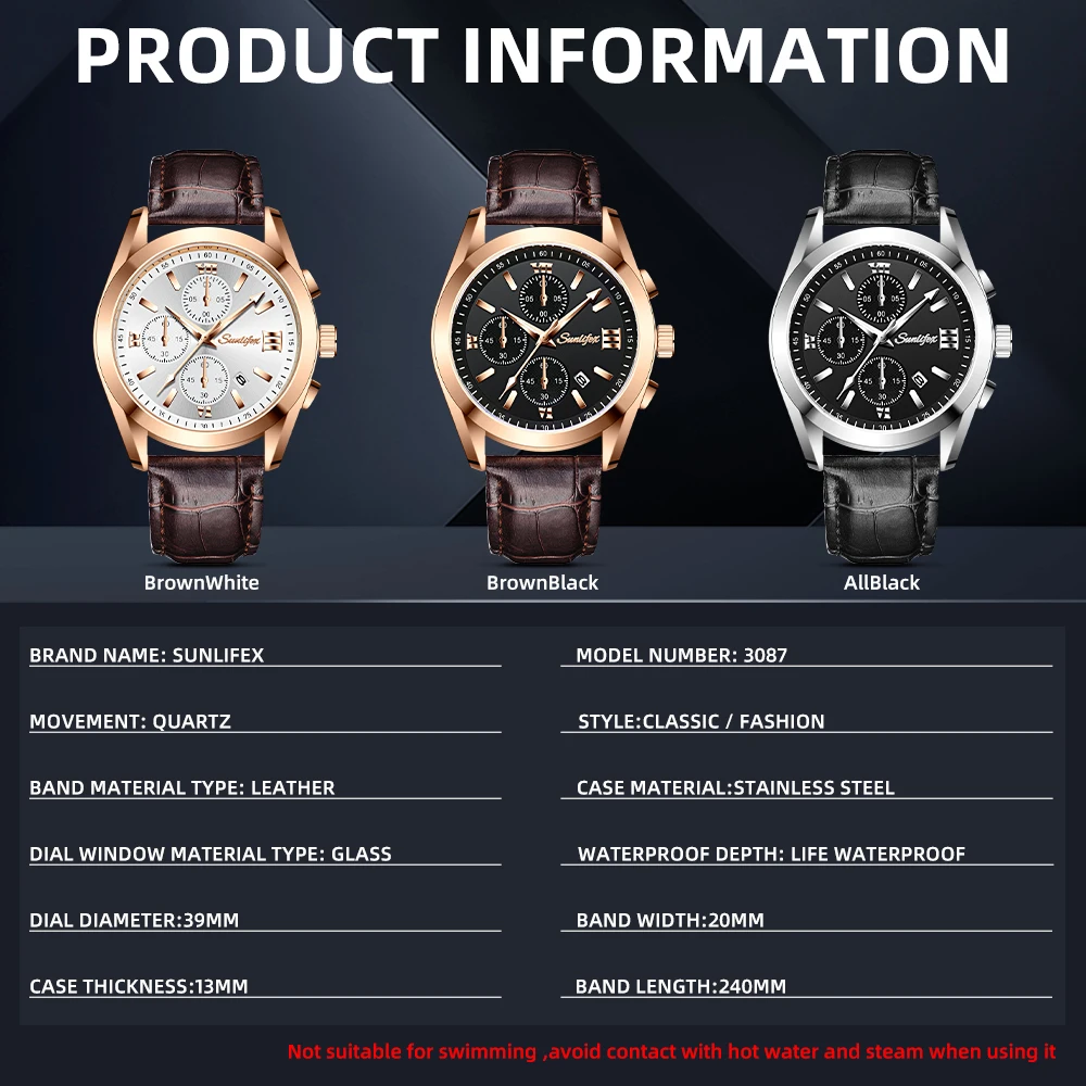 Sunlifex Men's Watch Fashion Business Calendar Waterproof Leather Strap Watch