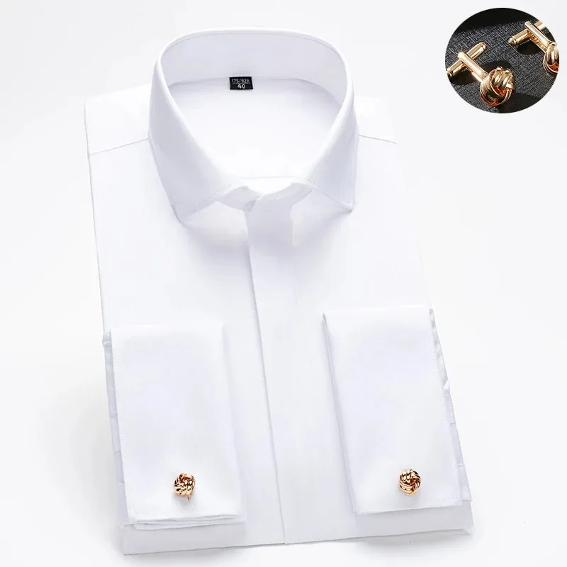 

Men's French Cufflink Shirt with Long Sleeves Slim Fit Concealed Buttons Solid Color High Quality Wedding Dress Formal Men