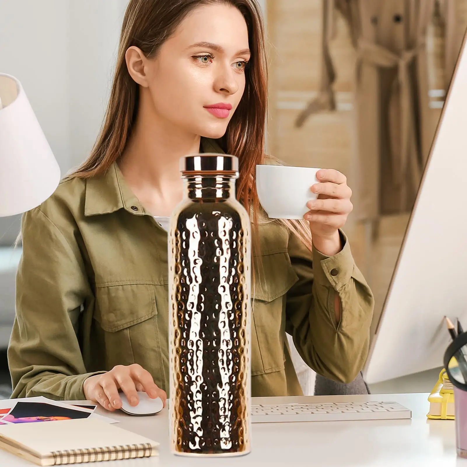 Electroplated Copper Water Bottle​ ​One-Click Open Lid​ Stainless Steel ​Hammer Pattern Cup​ Sports Water Bottle