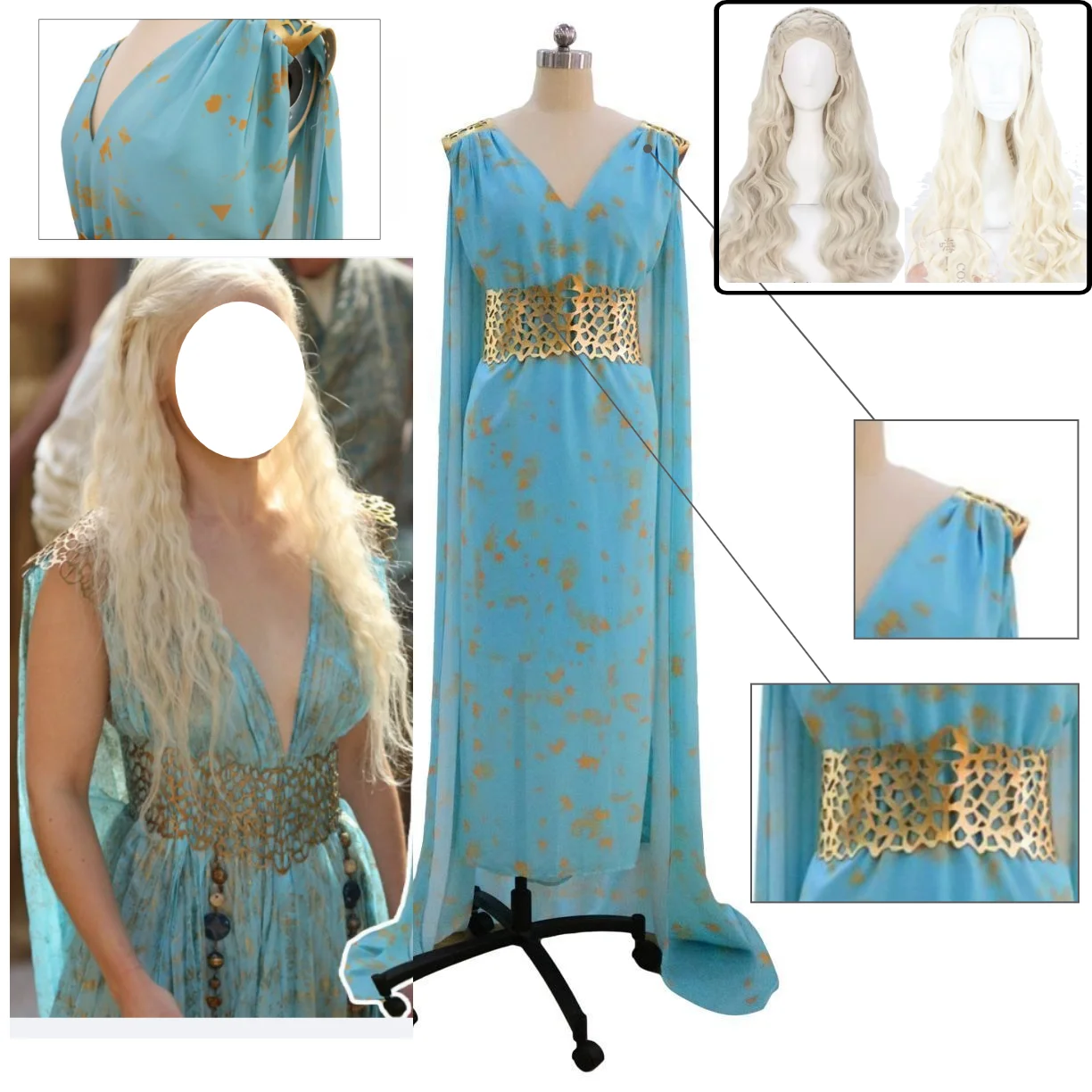 Disfraz de Daenerys Targaryen, Madre de Dragones, Vestido de Lino con Peluca para Halloween, Juego de Rol, Vestido de Daenerys Targaryen