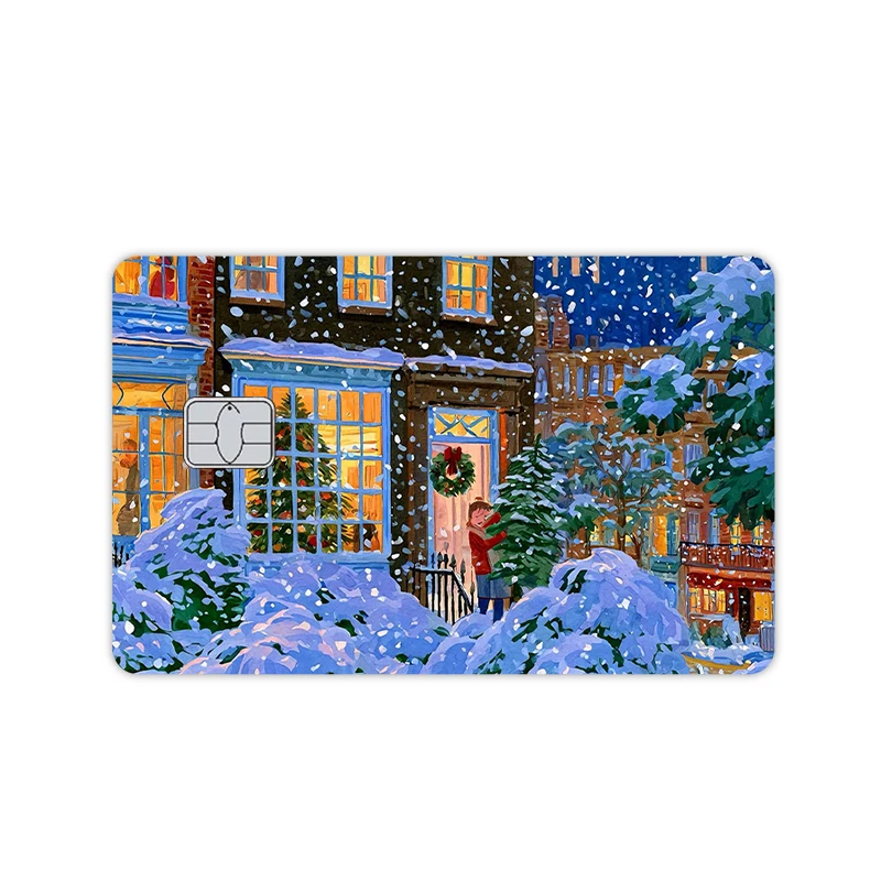 Winter Christmas Snow Town Landscape Front Cover Film Sticker Skin for Credit Debit Bank Visa Card Decal Decor Scratch-resistant