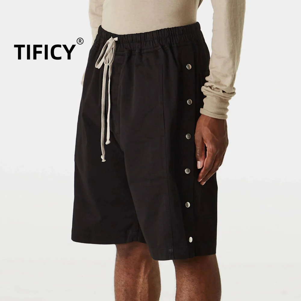 High Street  RO Cotton Shorts Men's Side Button Opening Simple Solid Color and Split Casual Five Point Casual Loose Shorts