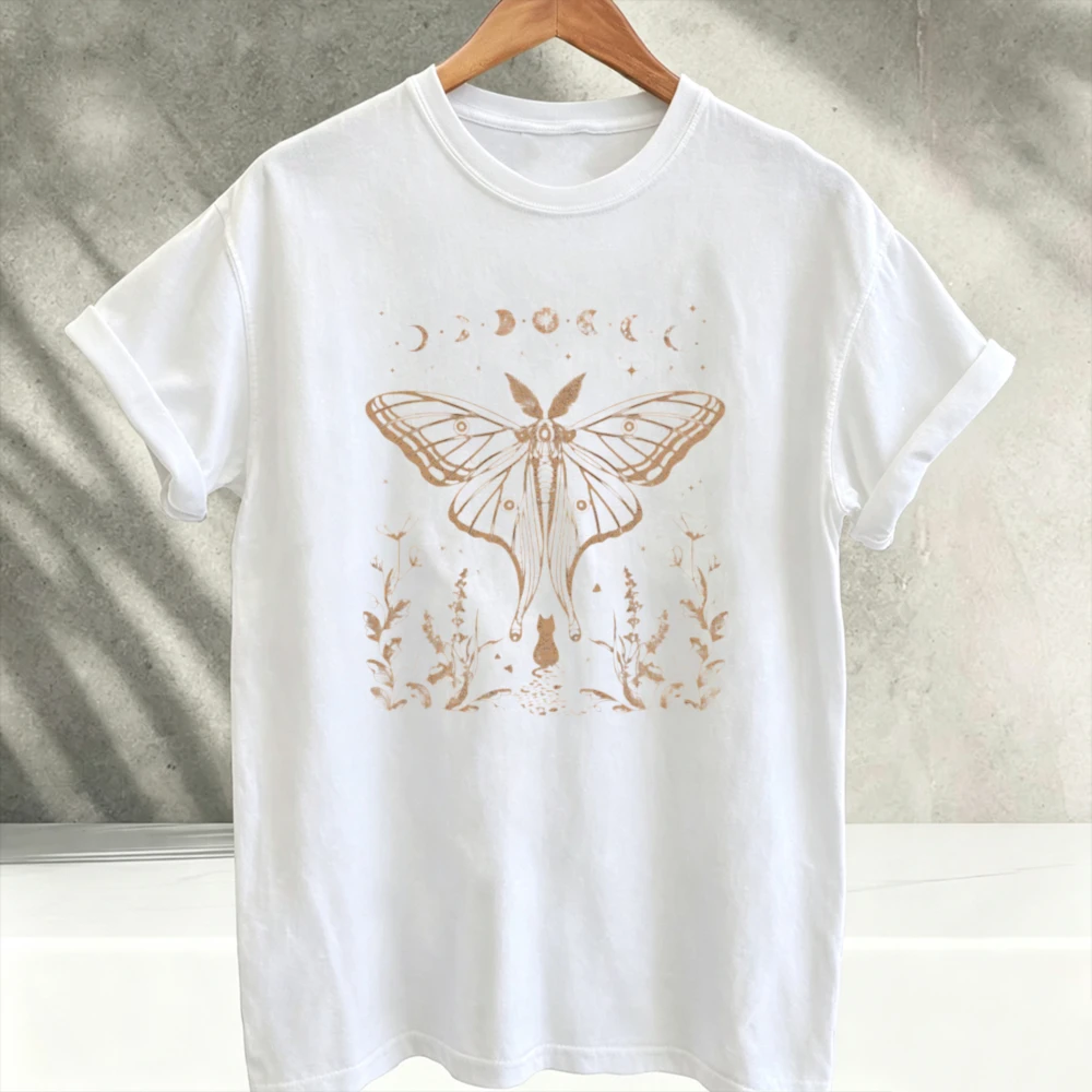 Vintage Celestial Moth T-shirt Cottagecore Goblincore Print Relaxed Fit Crew Neck Short Sleeve Botanical Stars Graphic T Shirts