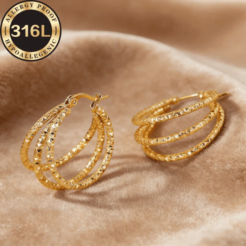 316L high-quality stainless steel hypoallergenic Golden earrings, batch flower gypsy three-piece round earrings are golden