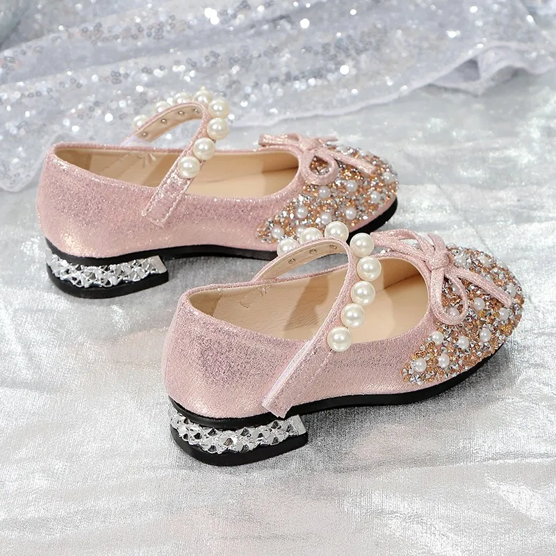 Silver/pink Girls Leather Shoes Non-slip Pearl Bow Spring and Autumn Outdoor PU Girls Casual Leather Shoes Sandalias De Mujer