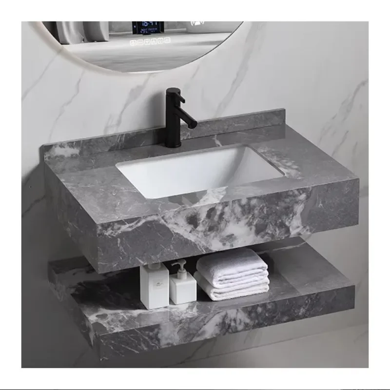 European Grey Marble Floating Bathroom Vanity Modern Design Wall Mounted Cabinet with Single-Hole Faucet Mount and Sink
