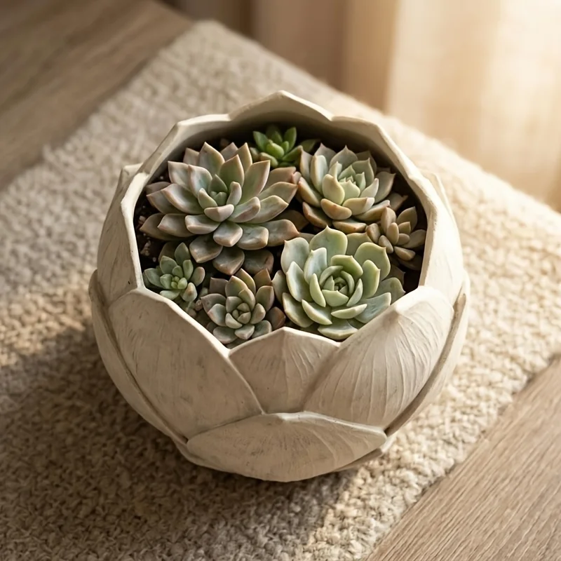 1pc Exquisite Creative Lotus Flower Shape Resin Flower Pot with Drain Hole, Window Sill Creative Succulent Flower Pot