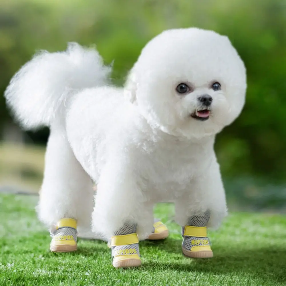 4pcs/set Dog Going Out Shoes Wear-resistant Mesh Dog Shoes Anti-slip Anti-drop Dogs Boots Breathable Soft Pet Sneakers Spring