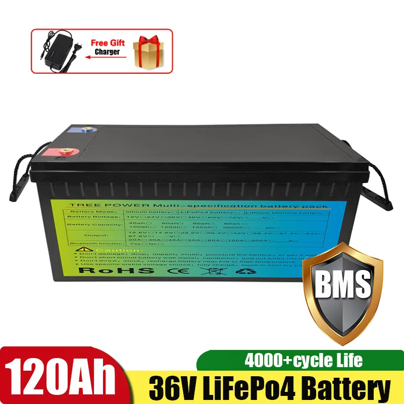 Lithium Battery Pack 36V 120Ah Lifepo4 Rechargeable Batterie with 100A BMS for Solar System 108lbs Trolling motor Boat+ Charger