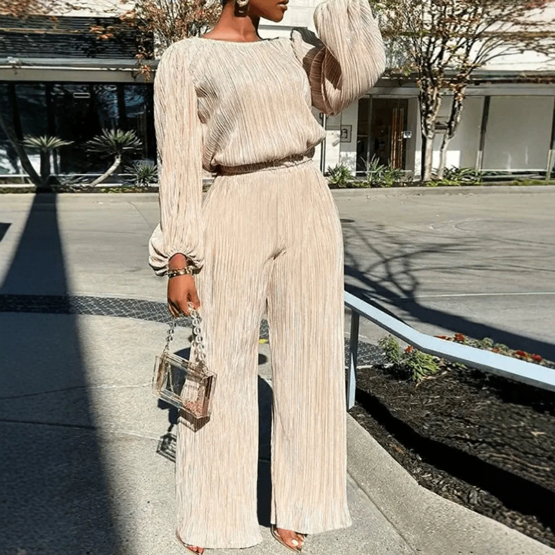 Ruched Waist Straight Pants Long Sleeve Top Set Women's Clubwear 2-Piece
