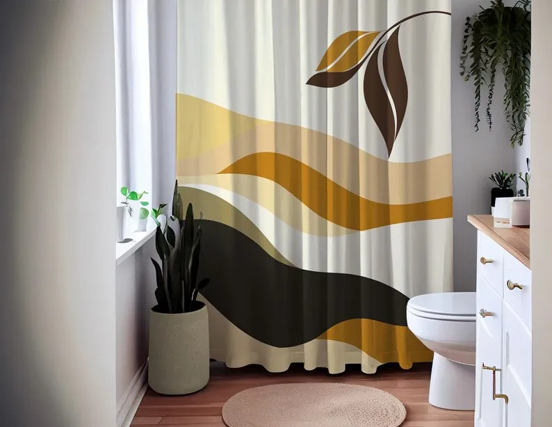 Earth Tone Leaf Shower Curtain – Abstract Wavy Neutral Design – Modern Boho Bathroom Decor