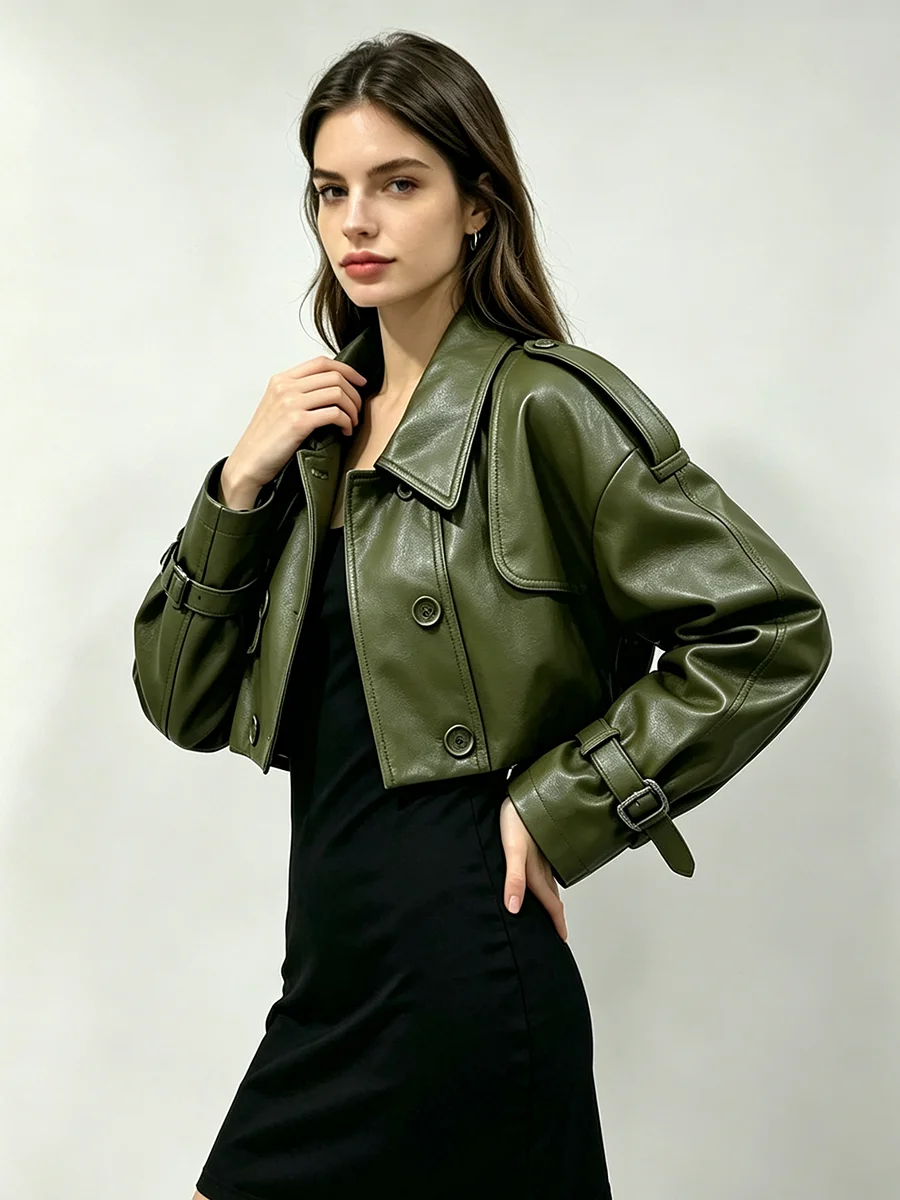 RU Women Streetwear Cropped Faux Leather Coat Lapel Double Breasted Shoulder Strap Buckle Cuff Loose Long Sleeve Short Jacket