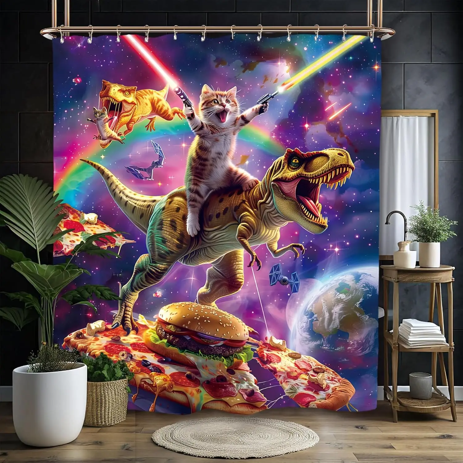 

Cat Riding Dinosaur with Lightsabers Shower CurtainRainbow Pizza Design,Waterproof Fabric,Fun Bathroom Decor for Kids and Adults