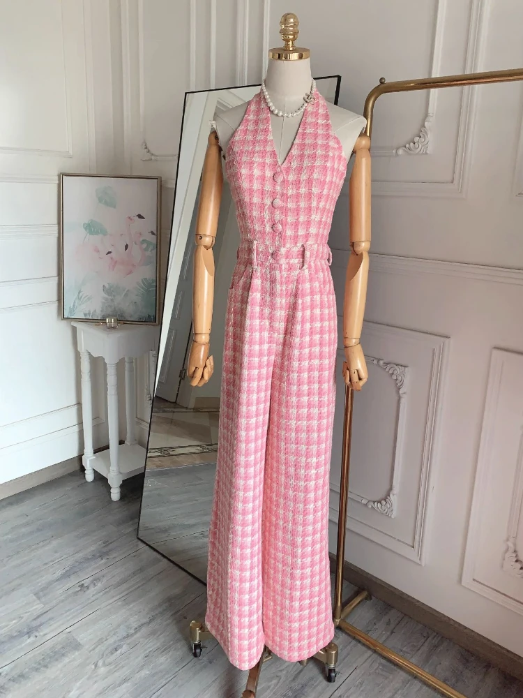 Fashion Sexy Pink Plaid Jumpsuit Women's 2023 Summer Autumn New High Quality Tweed Hanging Neck Wide Leg Pants Elegant Set