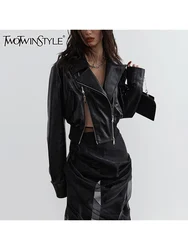 TWOTWINSTYLE Solid Spliced Zipper Leather Short Jackets For Women Lapel Long Sleeve Patchwork Pockets Fashion Coats Female New