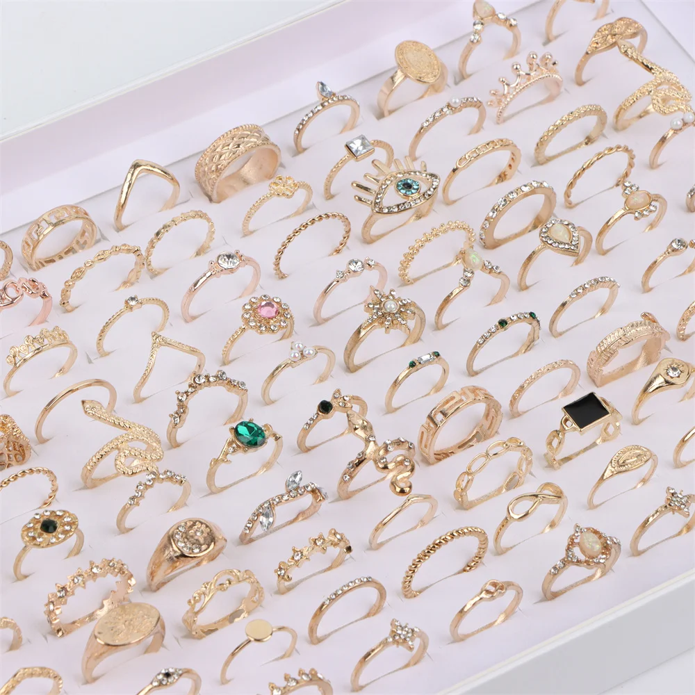 20Pcs/Lot Fashion Punk Vintage Bohemian Finger Women Ring Retro Geometric Rhinestone Gold Silver Color Jewelry Gift Mixed Style